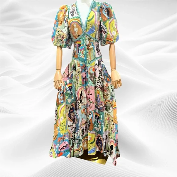 ALEMAIS Evergreen Flax Linen Midi Puff Sleeve Dress US 4 Mystic Bohemian  Artsy